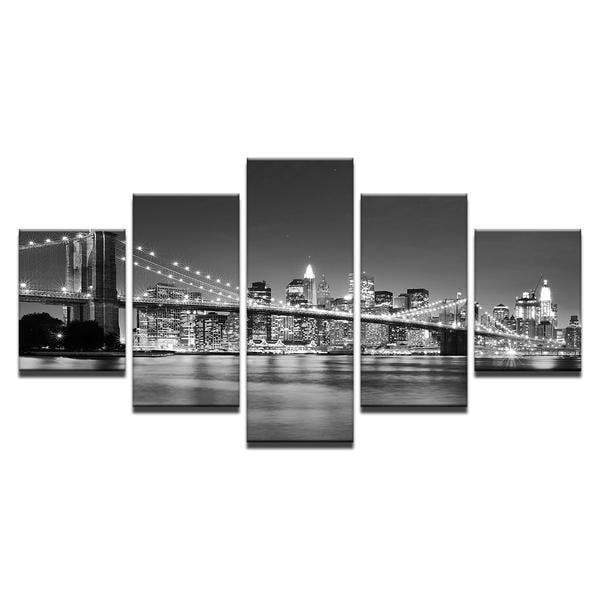 Black White Brooklyn Bridge City Night Nature Canvas Wall Art
