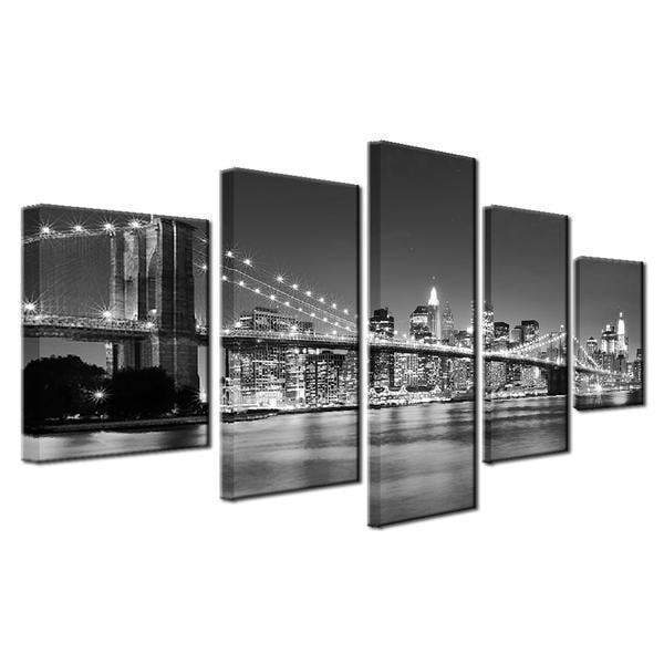 Black White Brooklyn Bridge City Night Nature Canvas Wall Art