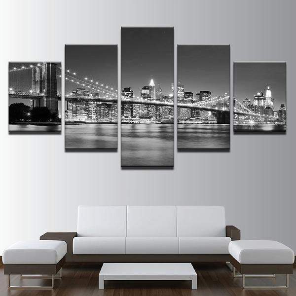 Black White Brooklyn Bridge City Night Nature Canvas Wall Art