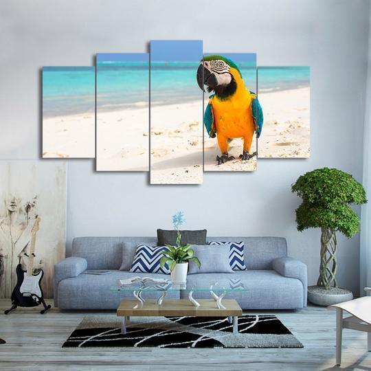 Blue And Yellow Macaw On The Beach Animal Canvas Wall Art