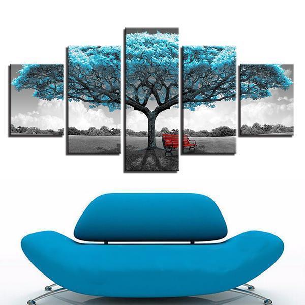 Blue Big Teal Blue Tree Red Chair Nature Canvas Wall Art