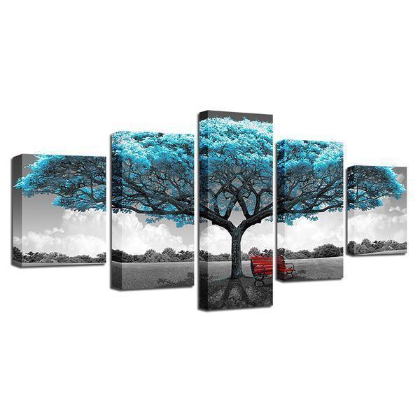 Blue Big Teal Blue Tree Red Chair Nature Canvas Wall Art
