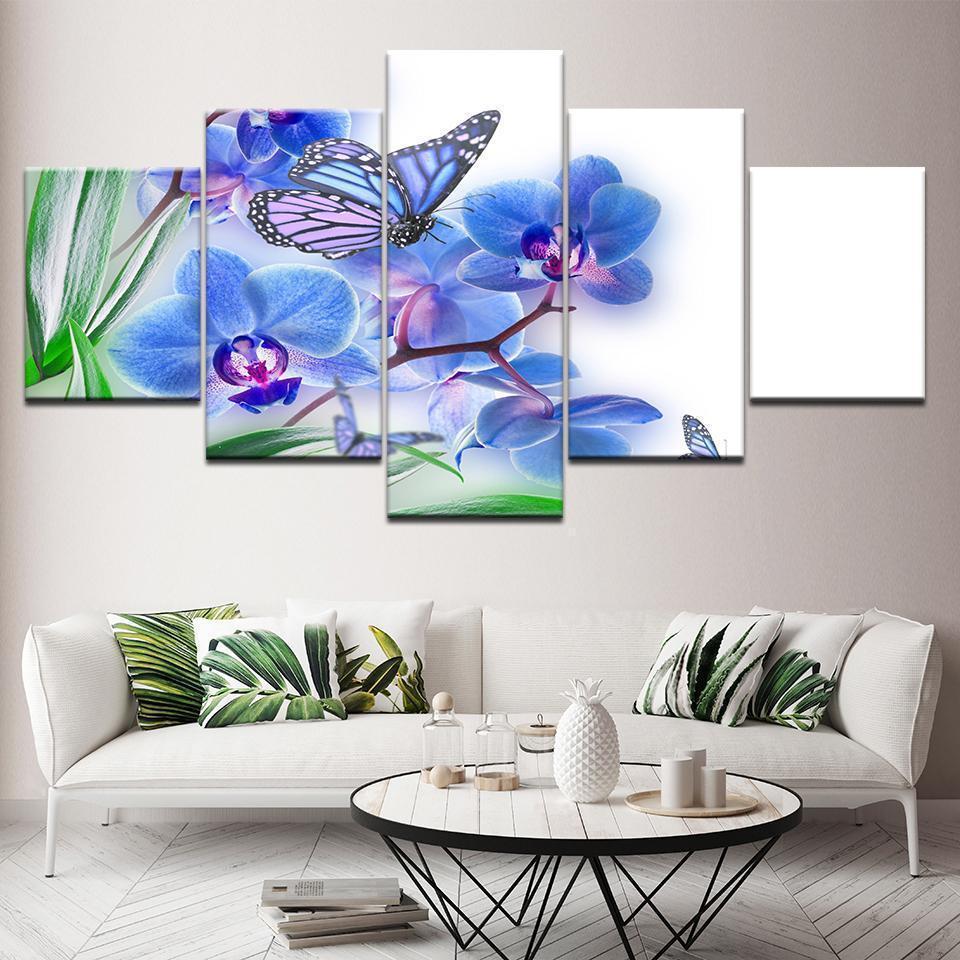Blue Butterfly Flowers Nature Canvas Wall Art