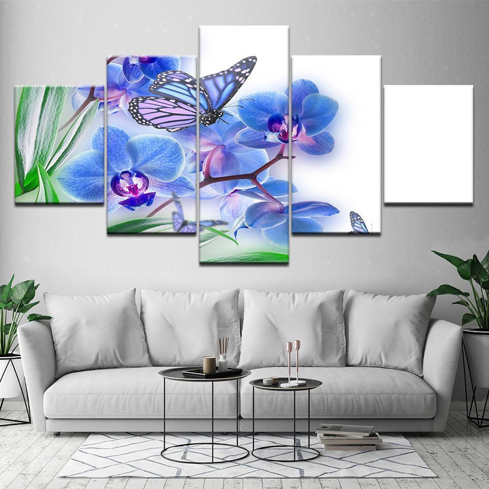 Blue Butterfly Flowers Nature Canvas Wall Art