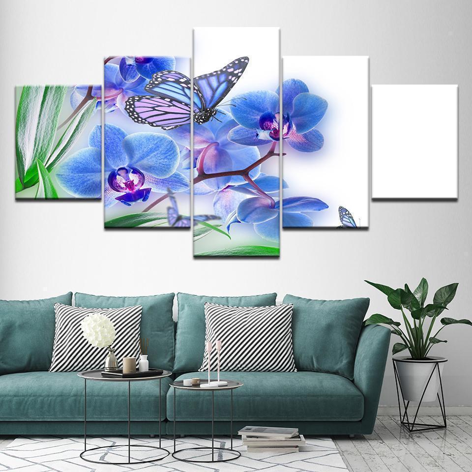 Blue Butterfly Flowers Nature Canvas Wall Art