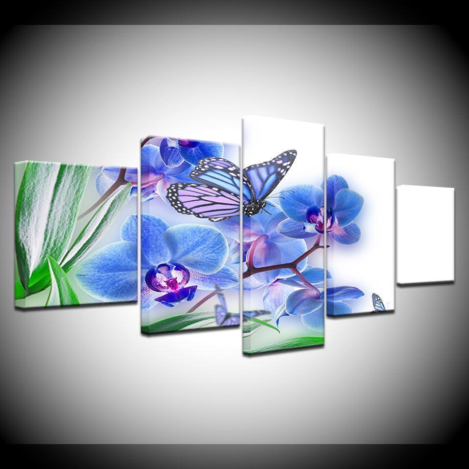 Blue Butterfly Flowers Nature Canvas Wall Art