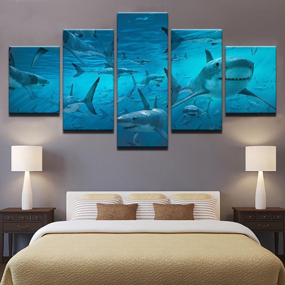 Blue Deep Sea Shark Swarm Animal Canvas Wall Art