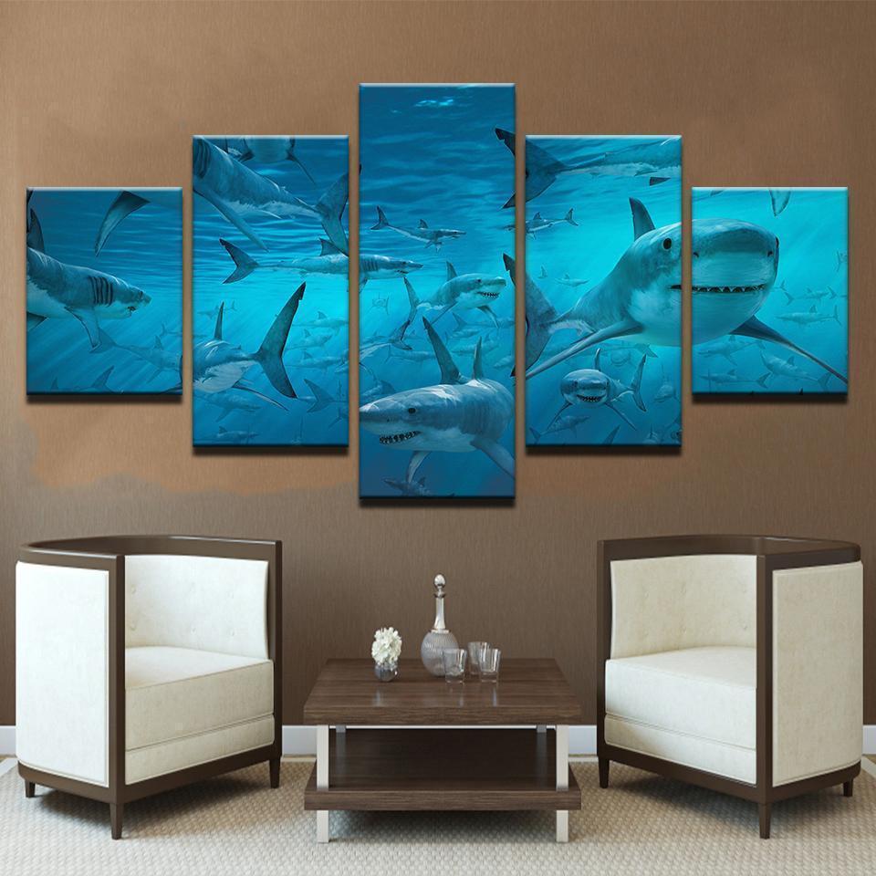 Blue Deep Sea Shark Swarm Animal Canvas Wall Art