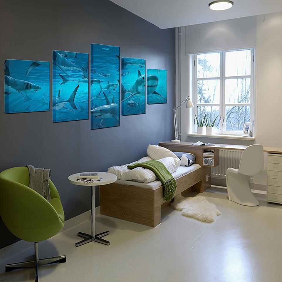 Blue Deep Sea Shark Swarm Animal Canvas Wall Art
