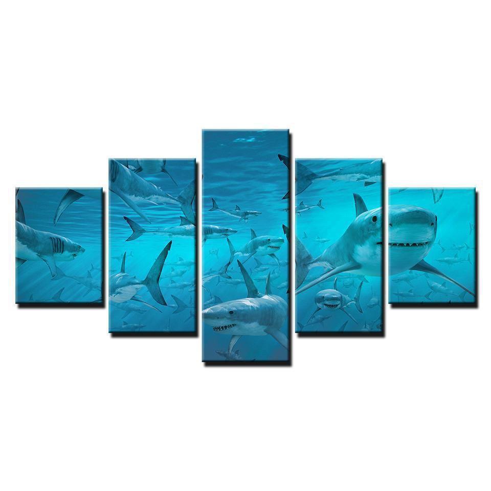 Blue Deep Sea Shark Swarm Animal Canvas Wall Art