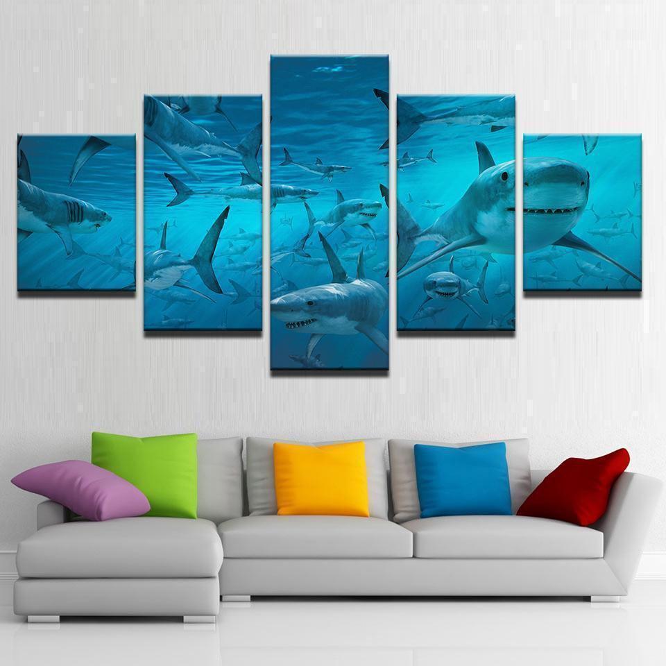 Blue Deep Sea Shark Swarm Animal Canvas Wall Art