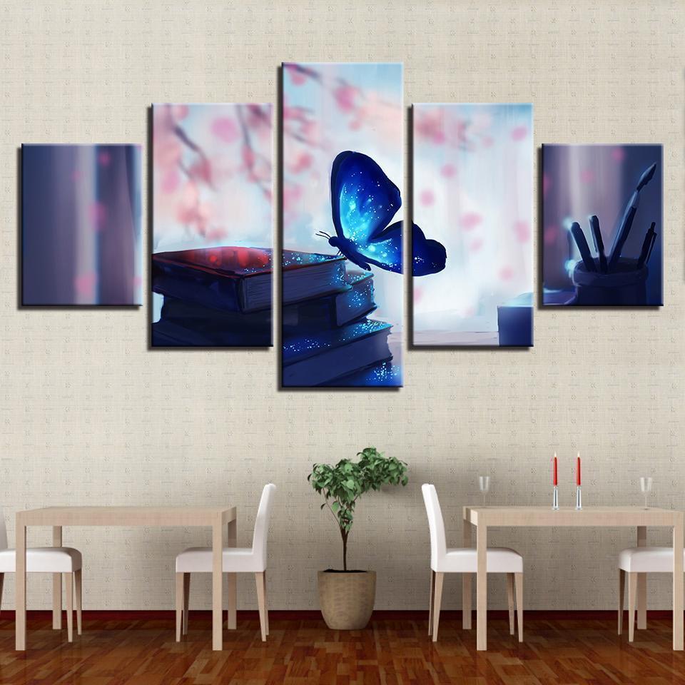 Blue Glowing Butterfly And Book Pen Animal Canvas Wall Art