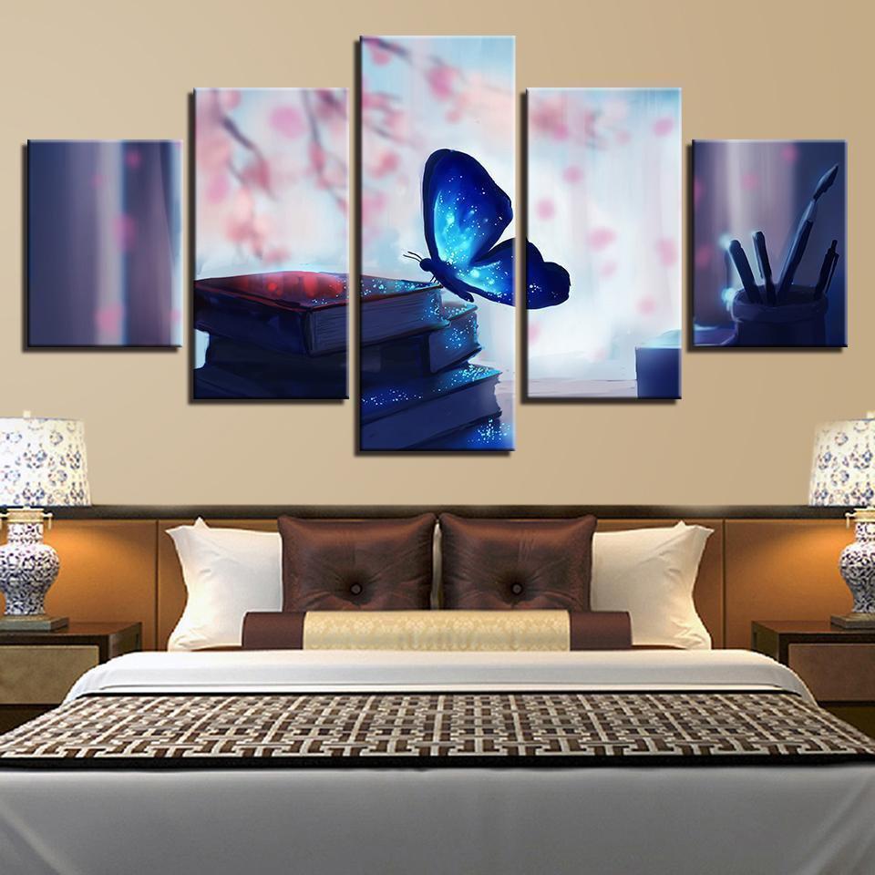 Blue Glowing Butterfly And Book Pen Animal Canvas Wall Art