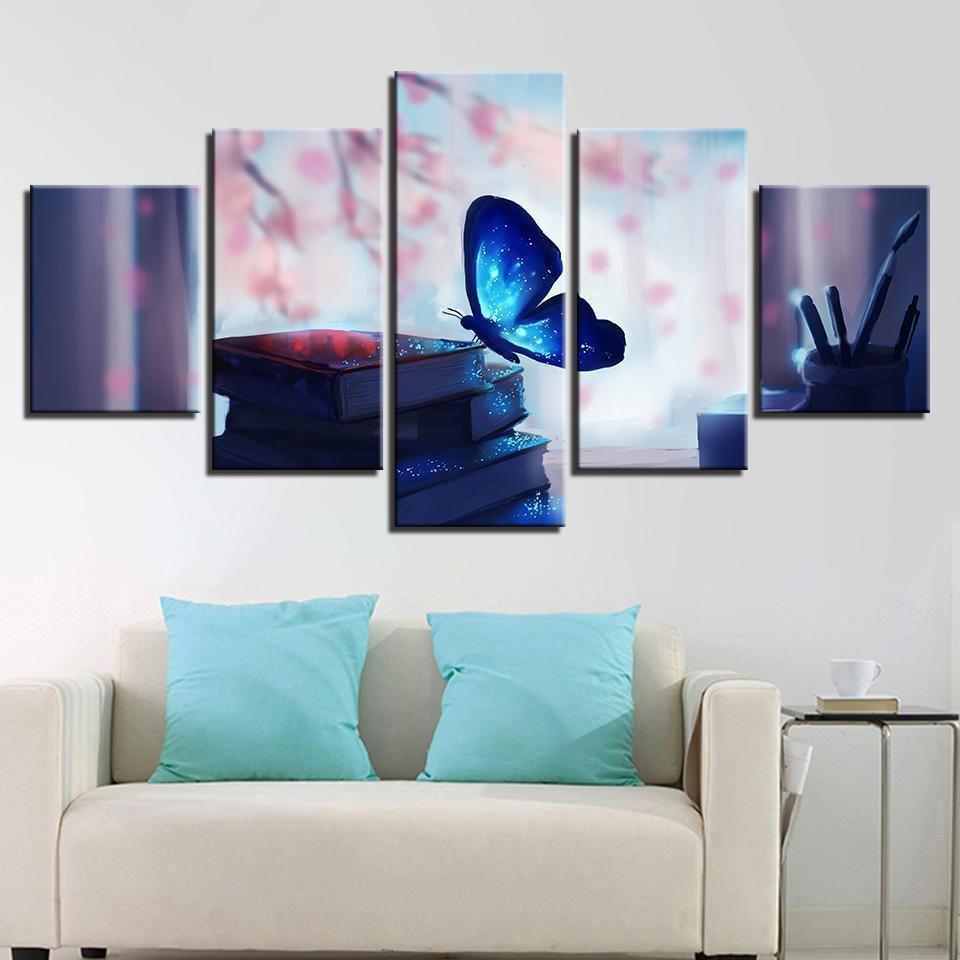 Blue Glowing Butterfly And Book Pen Animal Canvas Wall Art