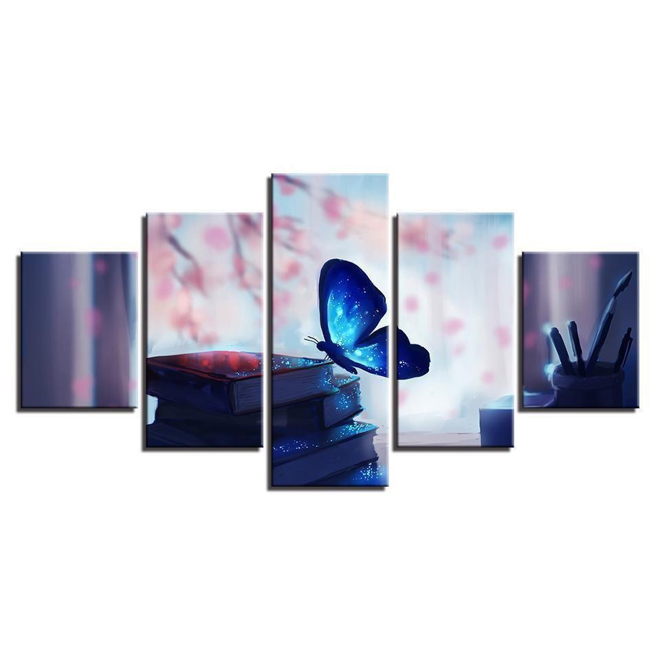 Blue Glowing Butterfly And Book Pen Animal Canvas Wall Art
