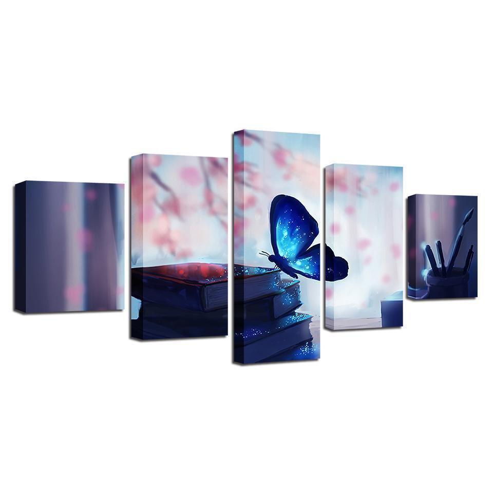 Blue Glowing Butterfly And Book Pen Animal Canvas Wall Art
