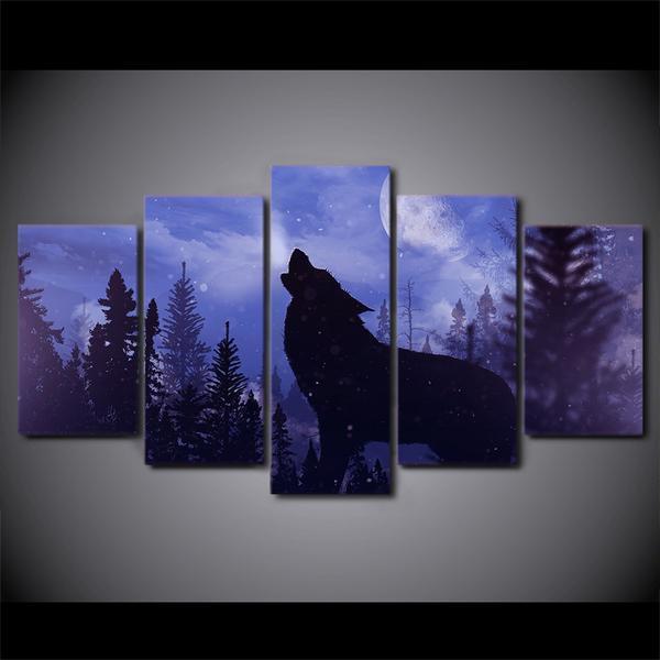 Blue Moon Night Black Wolf Animal Canvas Wall Art