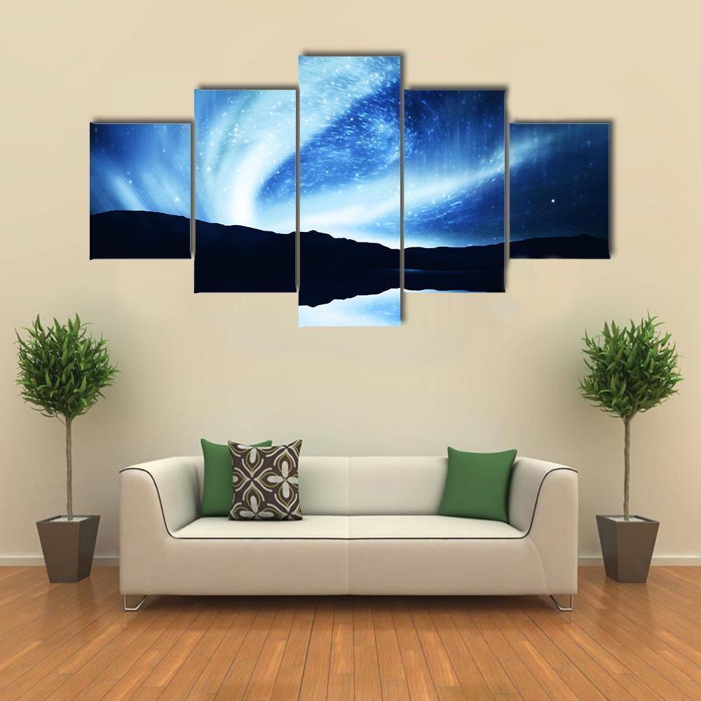 Blue Northern Lights ,aurora Over Lake Nature Canvas Wall Art