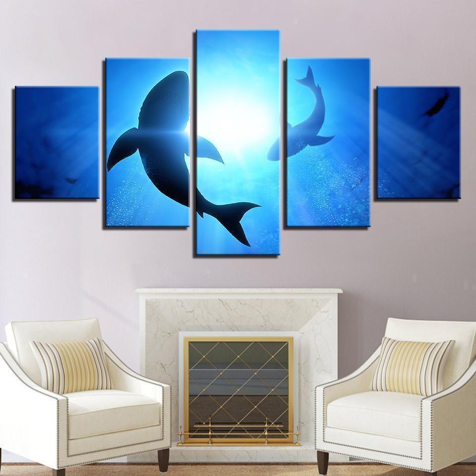 Blue Ocean Shark Seascape Animal Canvas Wall Art