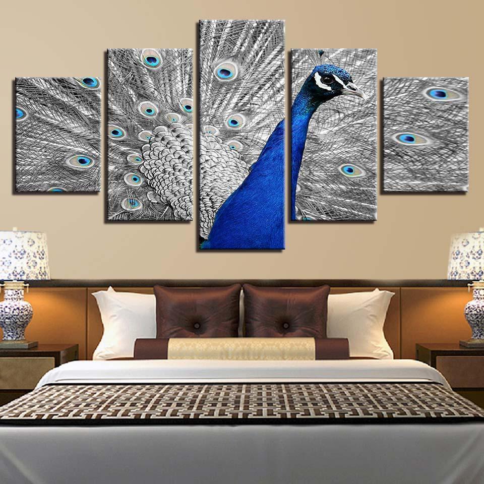 Blue Peacock Gray Tail Screen Animal Canvas Wall Art