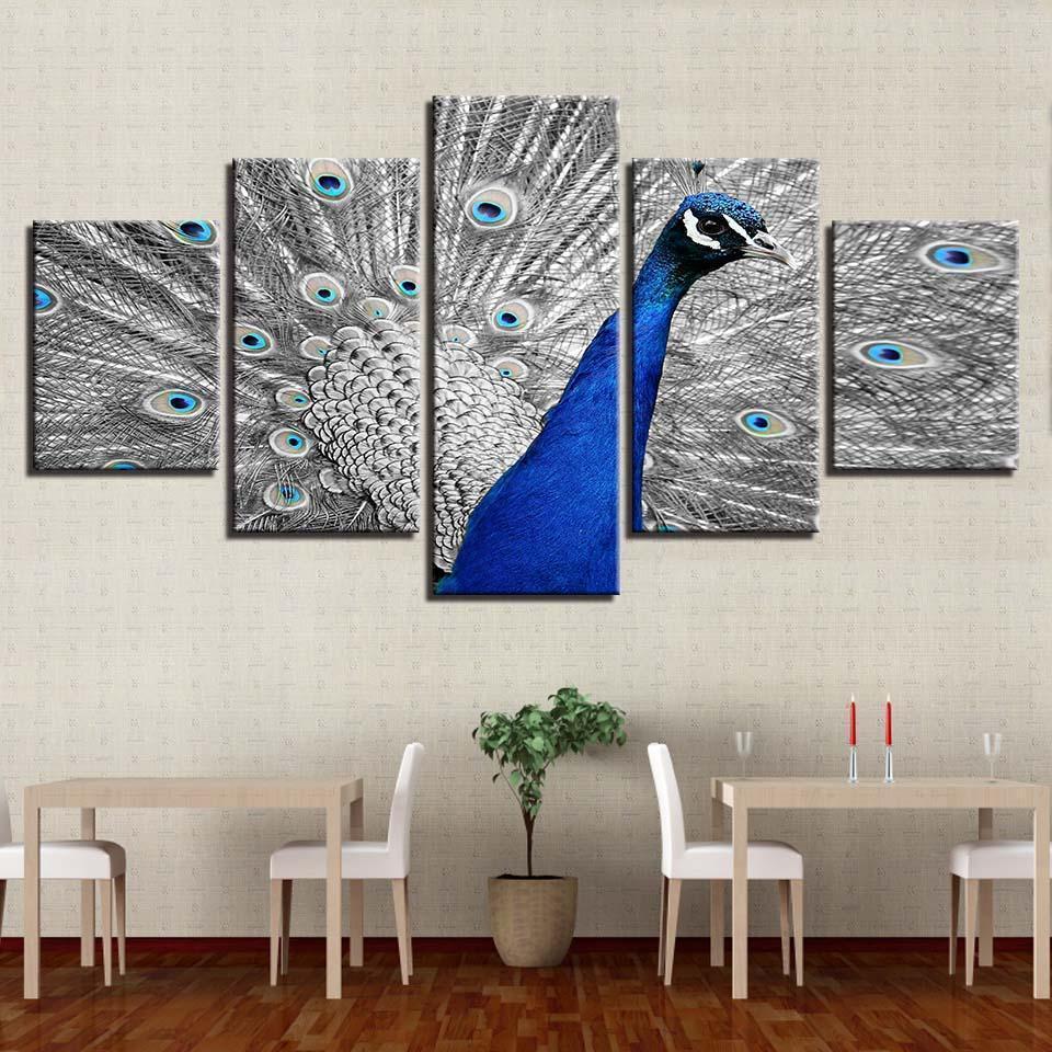 Blue Peacock Gray Tail Screen Animal Canvas Wall Art