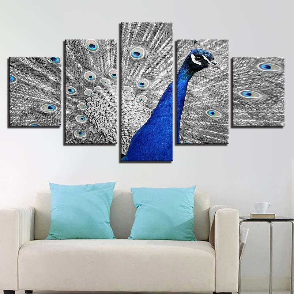 Blue Peacock Gray Tail Screen Animal Canvas Wall Art
