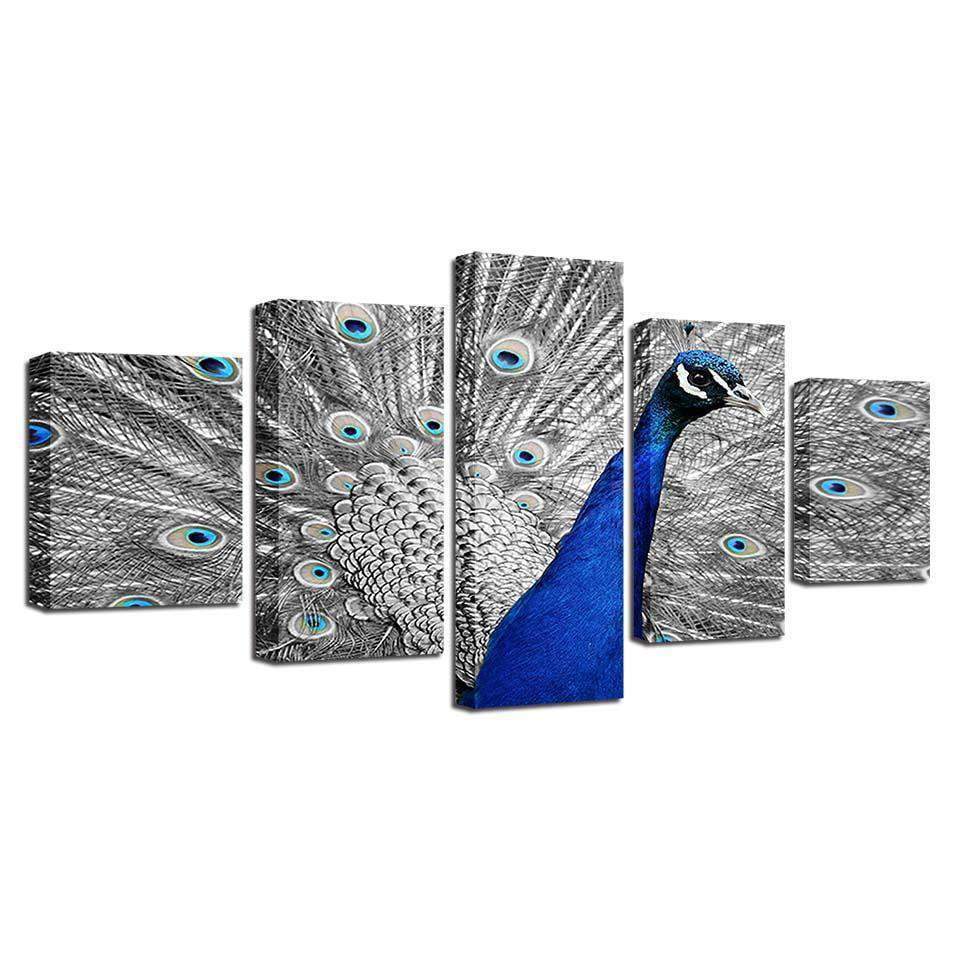 Blue Peacock Gray Tail Screen Animal Canvas Wall Art