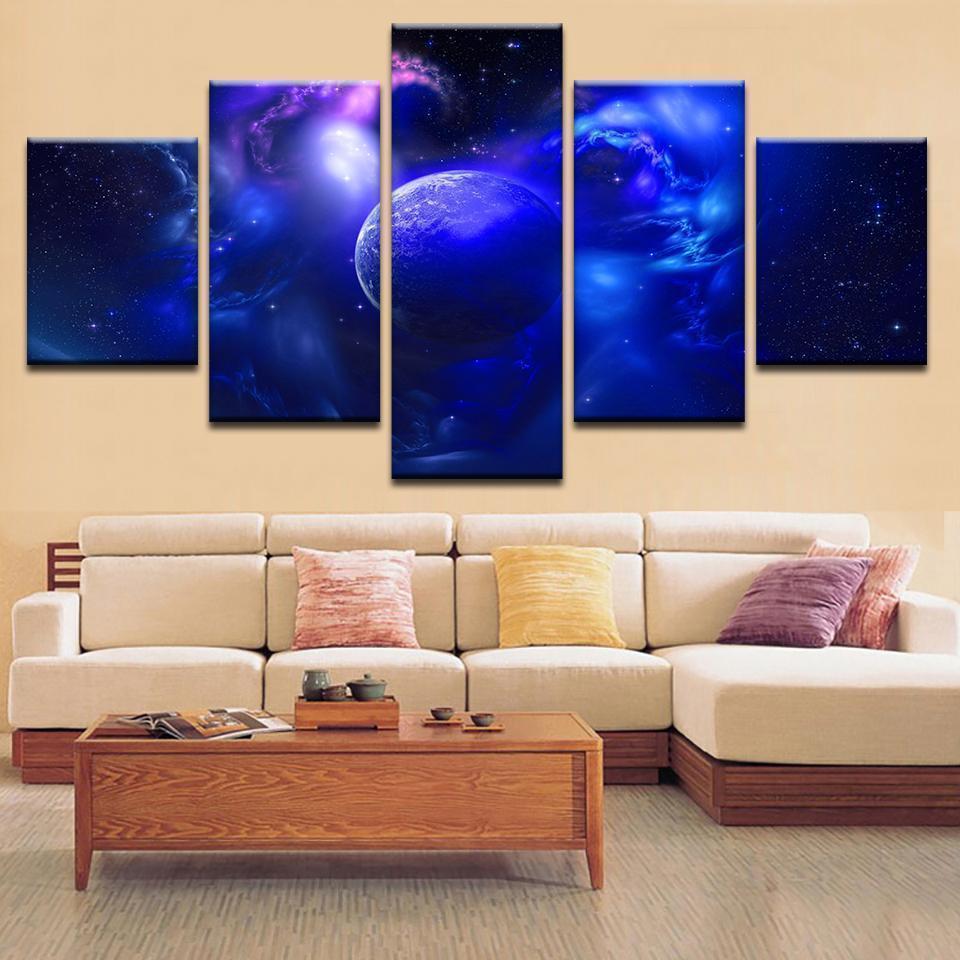 Blue Planet And The Galaxy Far Away Space Canvas Wall Art