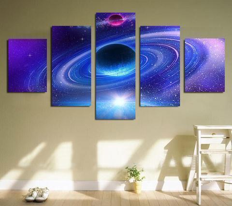 Blue Planet With Rings Space Canvas Wall Art