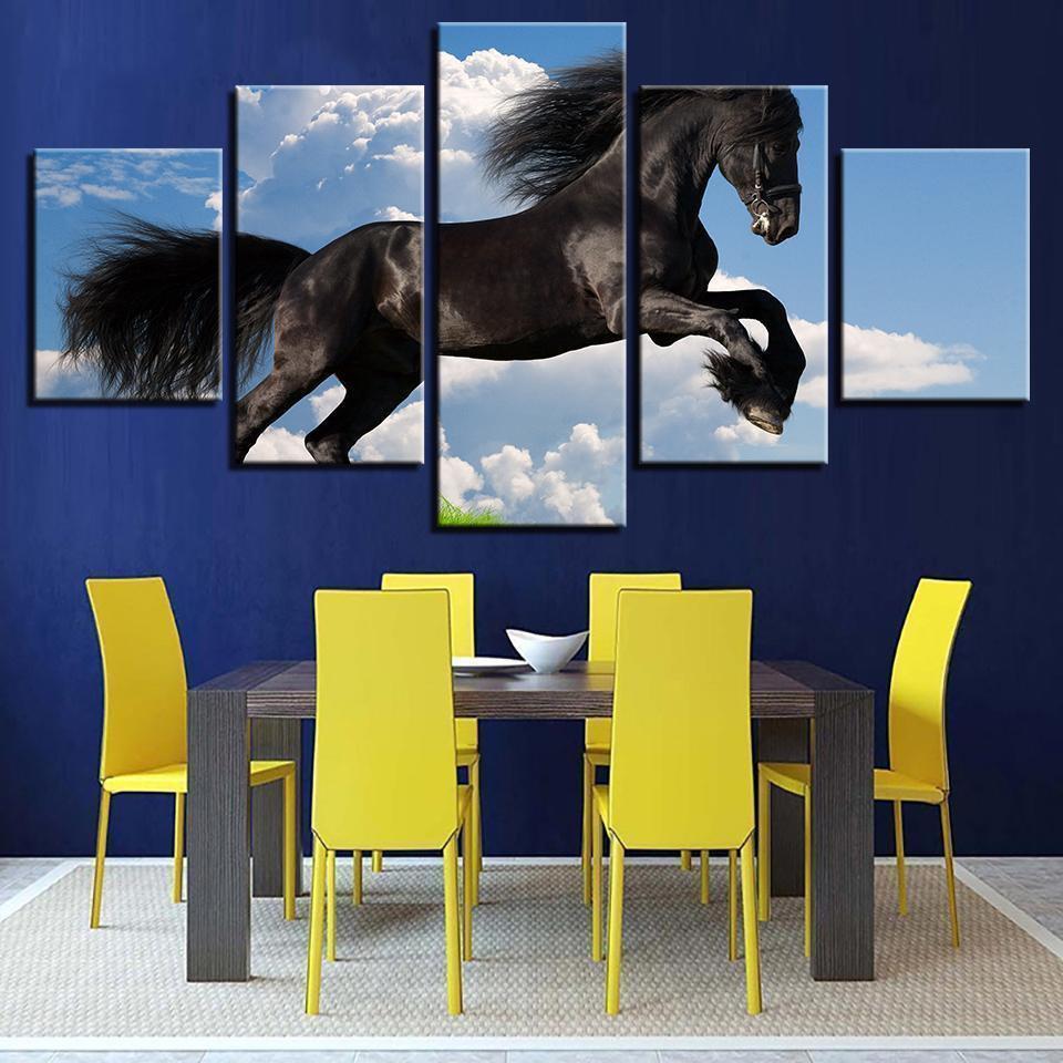 Blue Sky Running Black Horse Animal Canvas Wall Art
