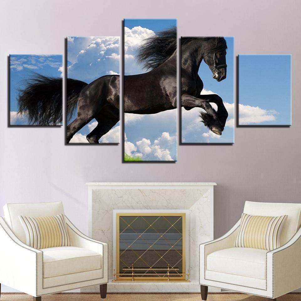 Blue Sky Running Black Horse Animal Canvas Wall Art