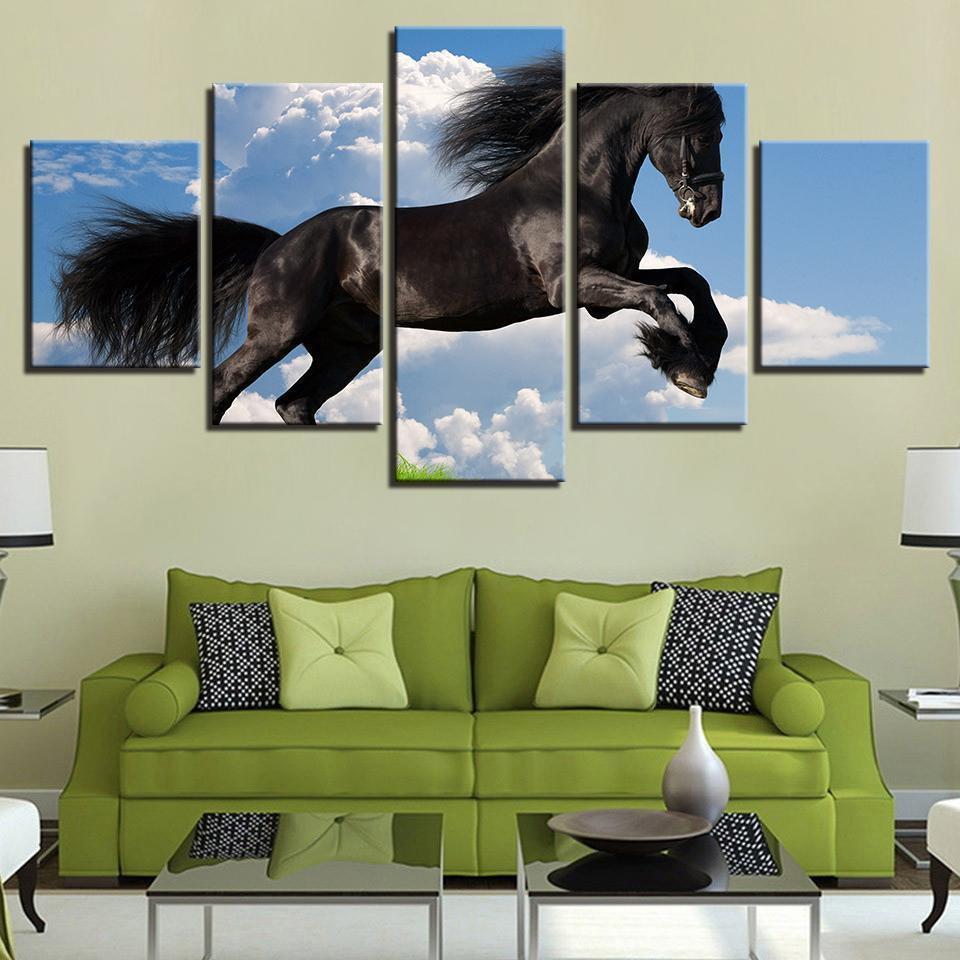 Blue Sky Running Black Horse Animal Canvas Wall Art