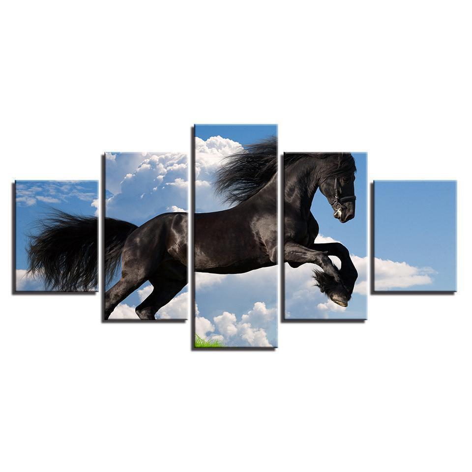 Blue Sky Running Black Horse Animal Canvas Wall Art