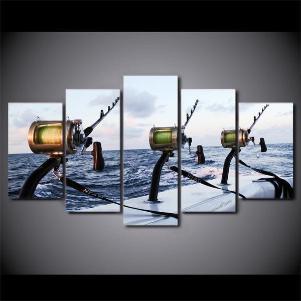 Boat Deep Sea Fishing Rods Ocean Canvas Wall Art