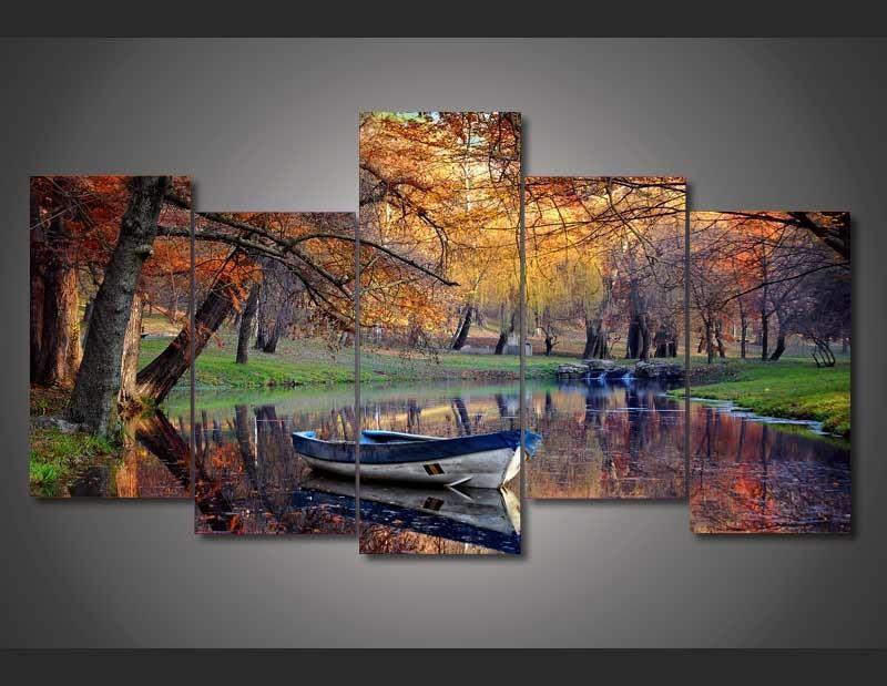Boat In The Fall Nature Canvas Wall Art