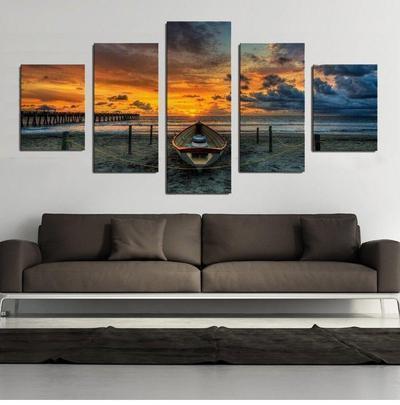 Boat In The Sunset Painting – Nature Landscape Canvas Wall Art