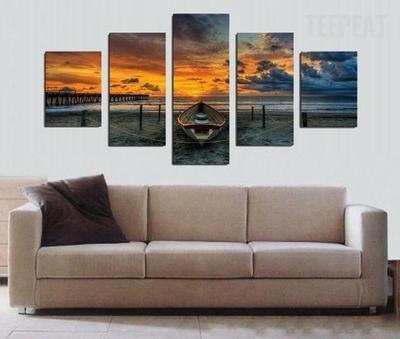 Boat In The Sunset Painting – Nature Landscape Canvas Wall Art