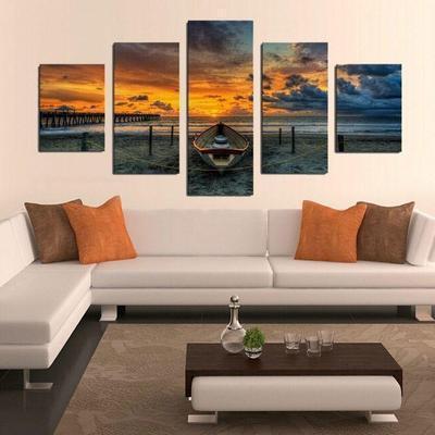 Boat In The Sunset Painting – Nature Landscape Canvas Wall Art