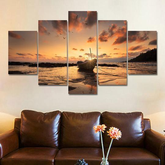 Boat On The Beach At Sunset Nature Canvas Wall Art