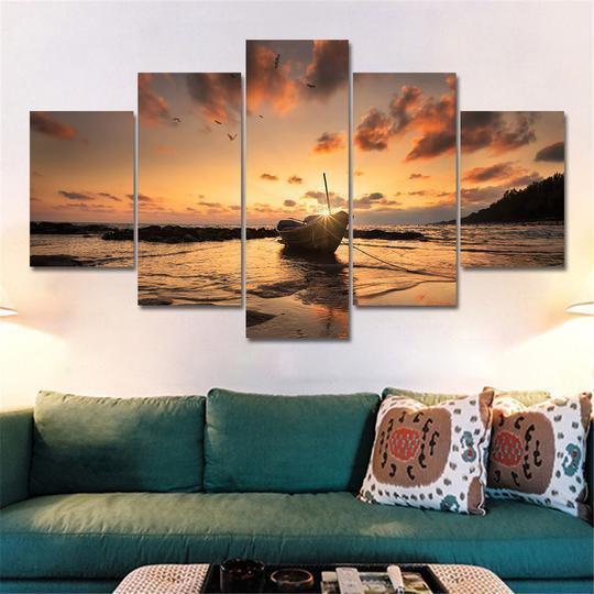 Boat On The Beach At Sunset Nature Canvas Wall Art