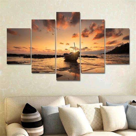 Boat On The Beach At Sunset Nature Canvas Wall Art
