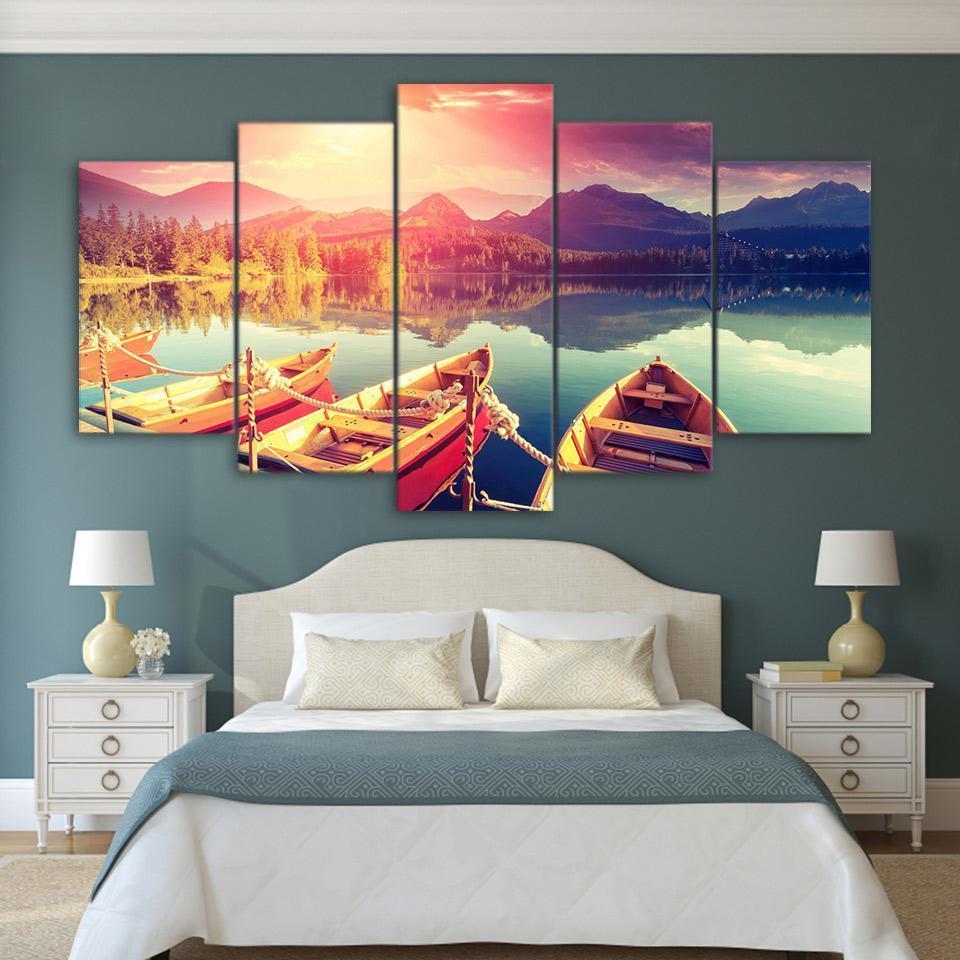 Boat Stop &amp;amp; Lakeview Landscape Canvas Wall Art