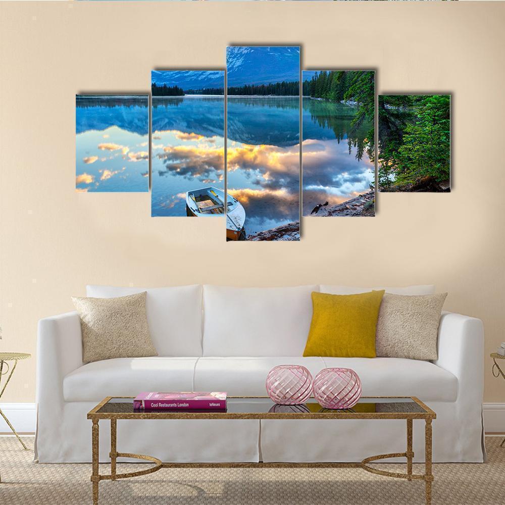 Boat With Rocky Mountains At Edith Lake Nature Canvas Wall Art