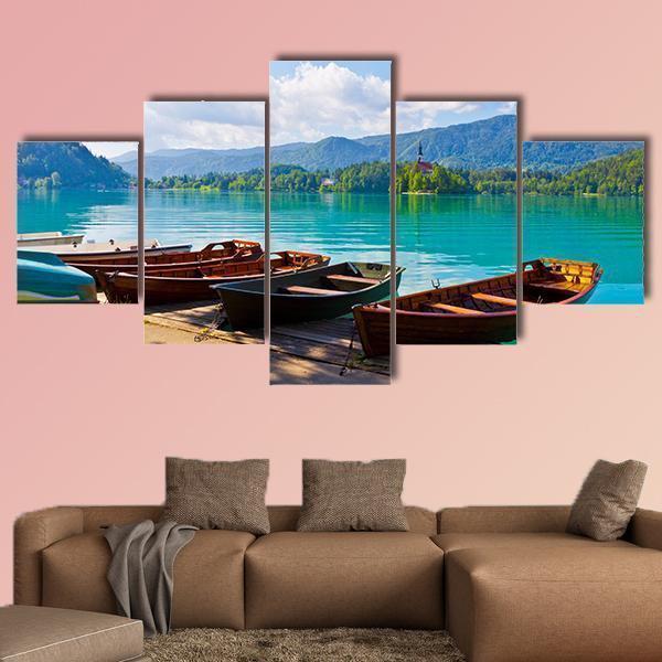 Boats At The Pier Of Bled Lake Nature Canvas Wall Art