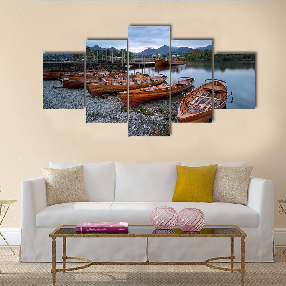 Boats On The Shore Of Derwent Water Nature Canvas Wall Art