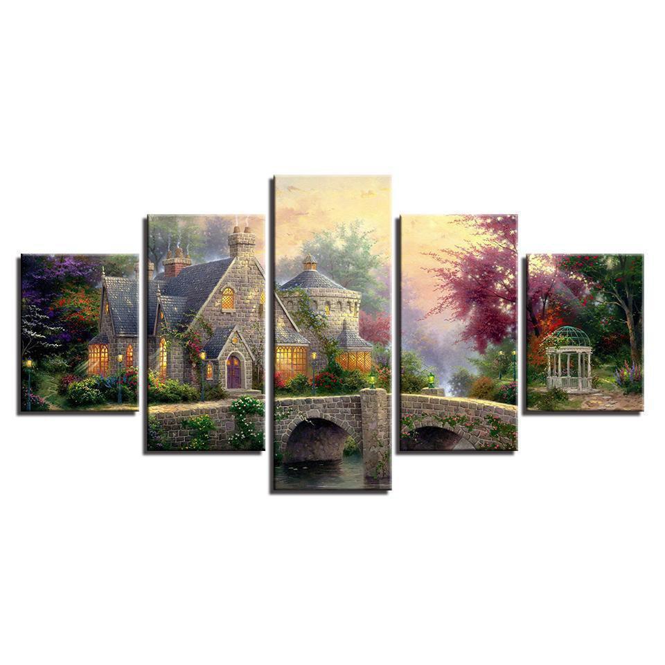 Bridge Classic Cottage Landscape Nature Canvas Wall Art