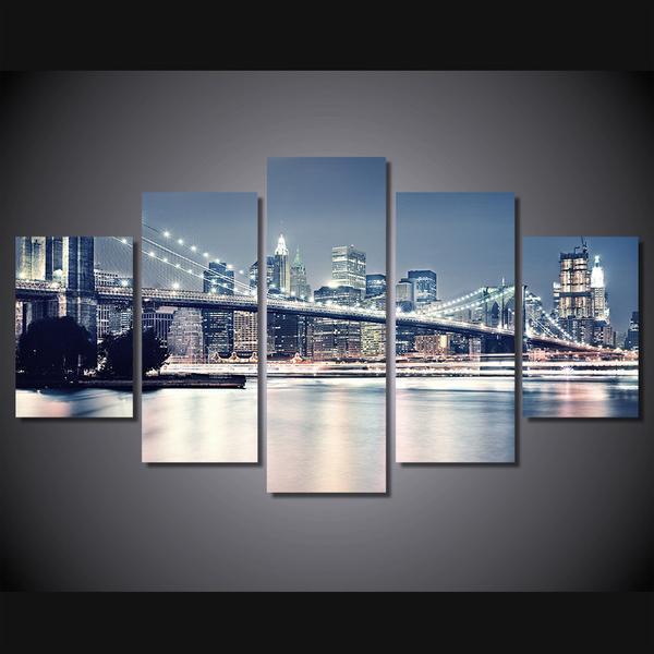 Brooklyn Bridge New York At Night Nature Canvas Wall Art