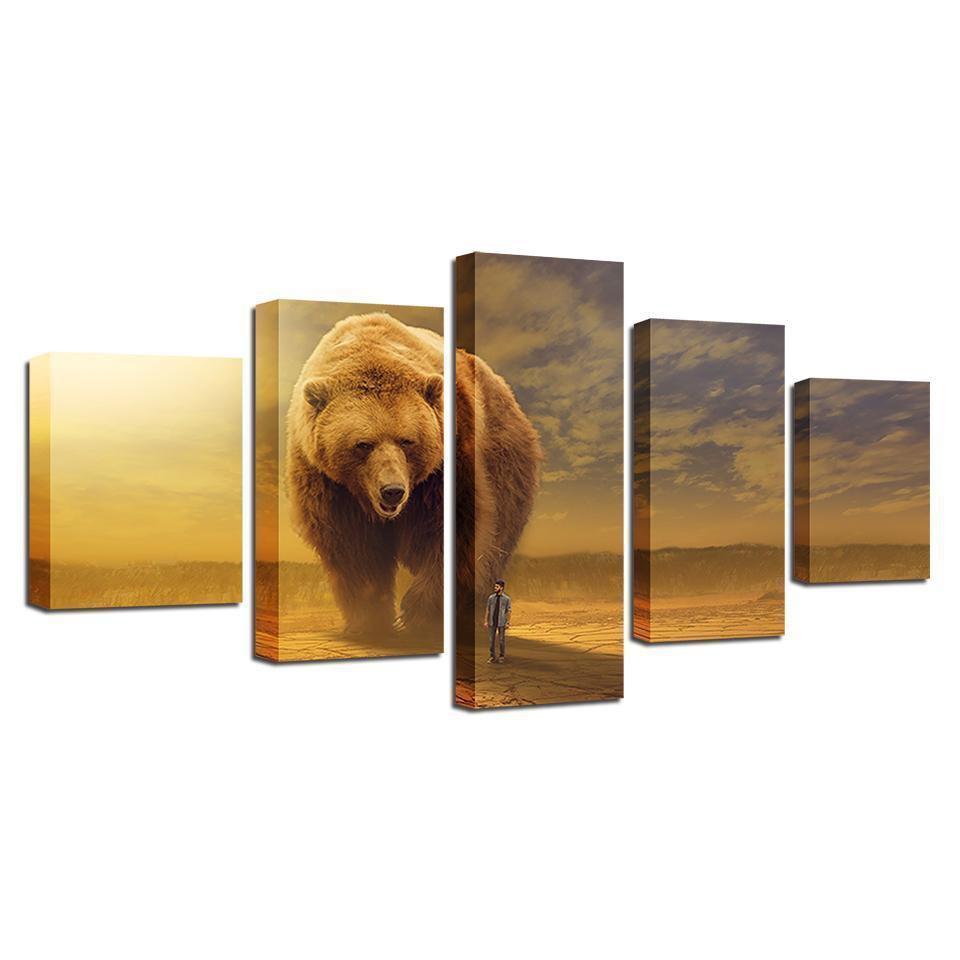 Brown Bear And Man Abstract Animal Canvas Wall Art