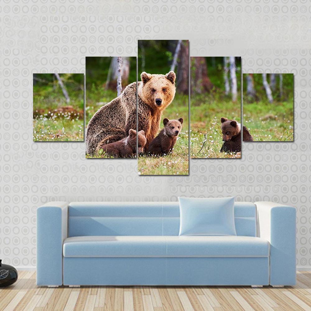 Brown Mother Bear Protecting Her Cubs Animal Canvas Wall Art