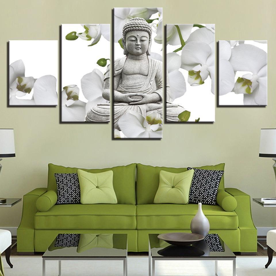 Buddha And Flower White Butterfly Orchid Religion Canvas Wall Art